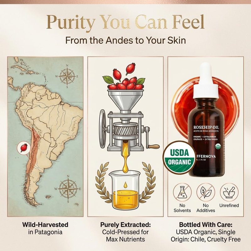Offernova Organic Rosa de Mosqueta Oil - USDA Certified Rosehip Seed Oil Pure Cold Pressed, Repairs & Brightens Skin - Gua Sha Massage, Face, for All Skin Types - Aceite Facial 1OZ