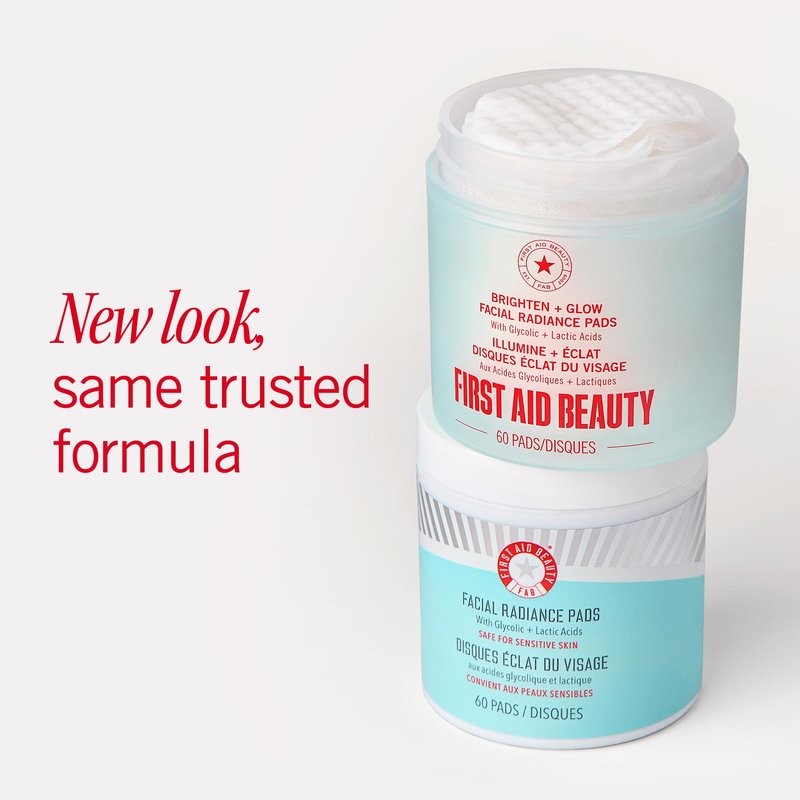 First Aid Beauty - Facial Radiance Pads with Glycolic & Lactic Acids, Daily Exfoliating Pads with AHA, Visibly Smaller Pores, Help Tone & Brighten Skin, One-Step Makeup Prep, Compostable, 90ct