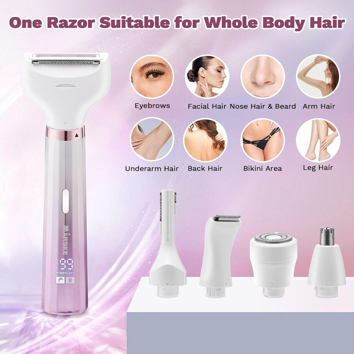 Electric Razors for Women - 5-in-1 Bikini Trimmer & Wet/Dry Shaver | Face, Nose, Eyebrow, Arms, Legs, Pubic Area Hair Removal