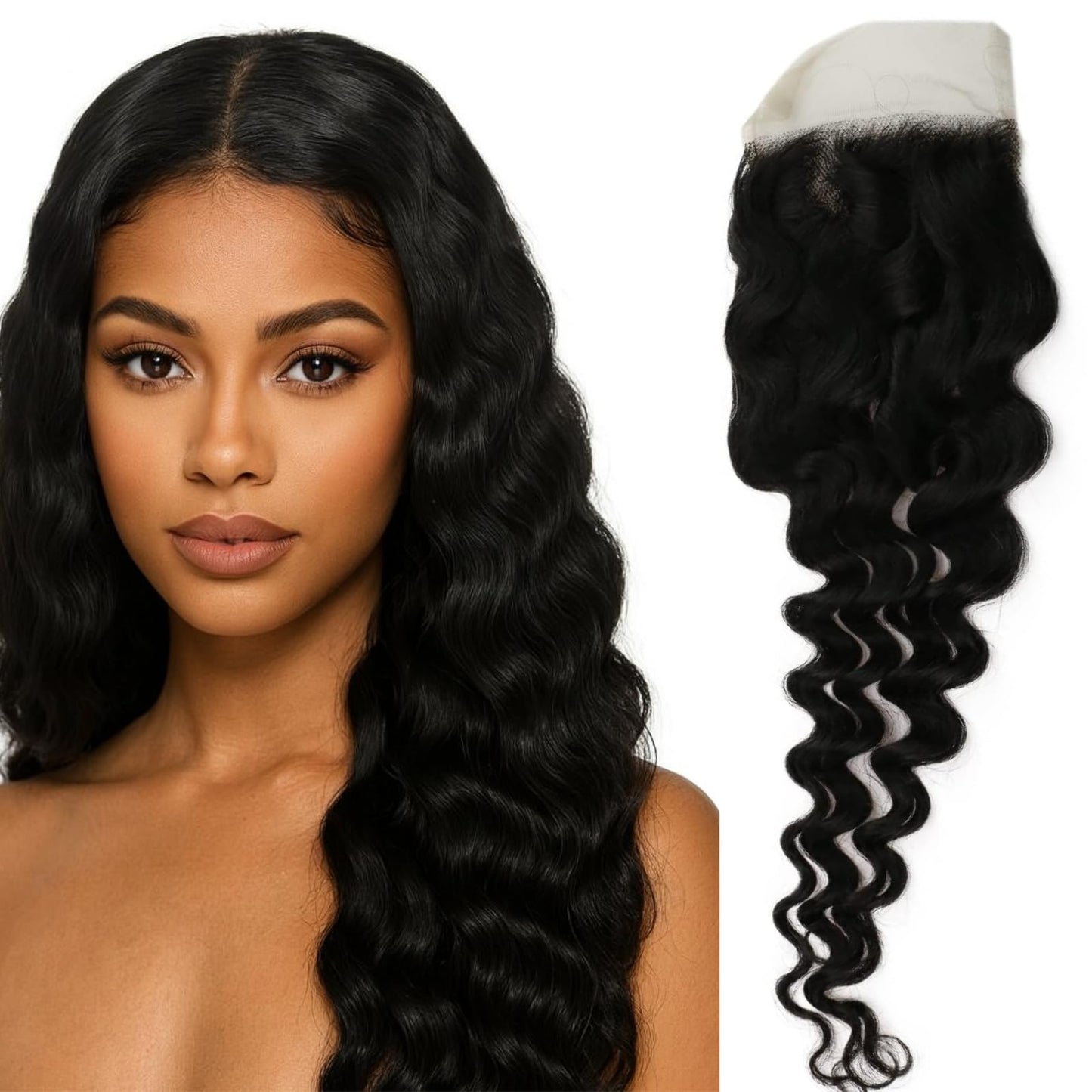 Full Shine 4 * 4 Lace Closure Hair Extensions 18 Inch Deep Wave Brazilian Real Human Hair Nature Black Remy Hair with Invisible Lace Closure for Women