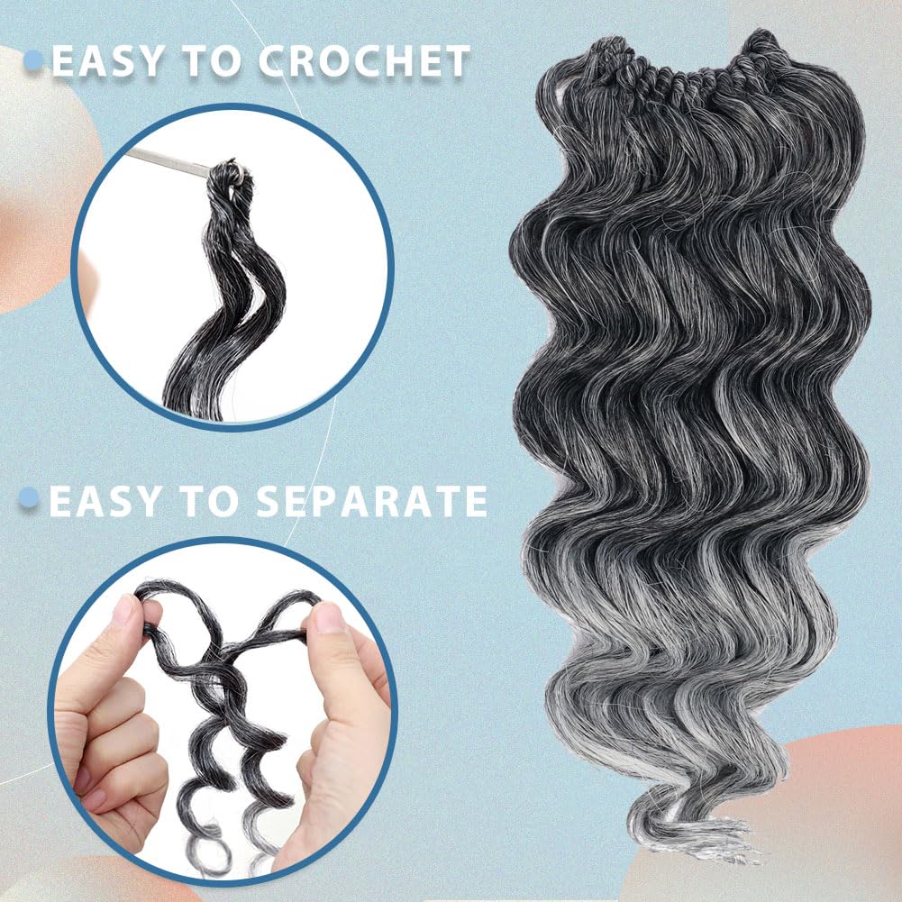 8 Packs Ocean Wave Crochet Hair for Women 14 Inch Curly Water Wave Braiding Hair Extensions Short Deep Curl Crochet Braids (14 Inch, T1B/Gray#)