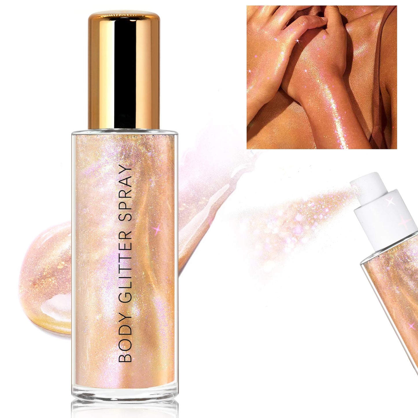 HOSAILY Body Glitter Spray, Holographic Body Shimmer Quick-Drying and Non-Sticky Duochrome Glitter Hairspray for Face Clothes, Sparkle Highlighter Makeup Festival Rave Accessories, Rose Gold