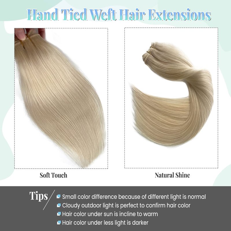 Sew in Hair Extensions Real Human Hair, Blonde Weft Hair Extensions Human Hair, 14 Inch 80G Hand Tied Weft Hair Extensions Human Hair Bundles Weave Extensions for Women