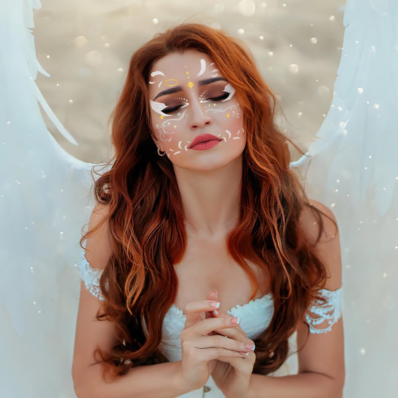 HOWAF 4 Sheets Halloween Angel Face Tattoos Angel Wing Full Face Temporary Tattoos for Hallows' Eve Angels Costumes Accessories, Black and White Fallen Angels Tattoo Stickers