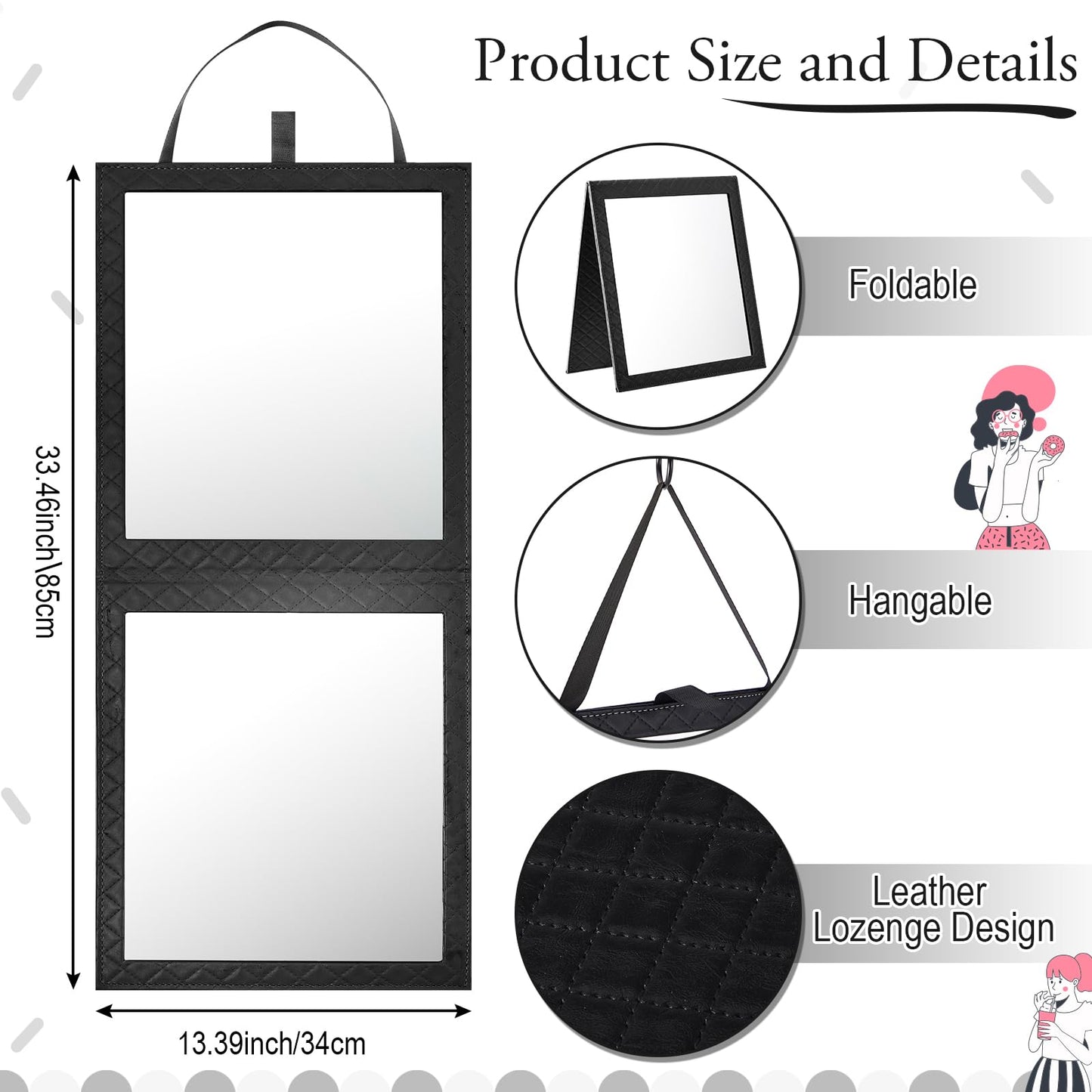 Colingmill Foldable Full Length Mirror Leather 33.5" L x 13.4" W Portable Hanging Travel Mirror with Handle for Travel Dance Camping Home Fitness Spa Gift (Black, 33.5" L x 13.4" W)