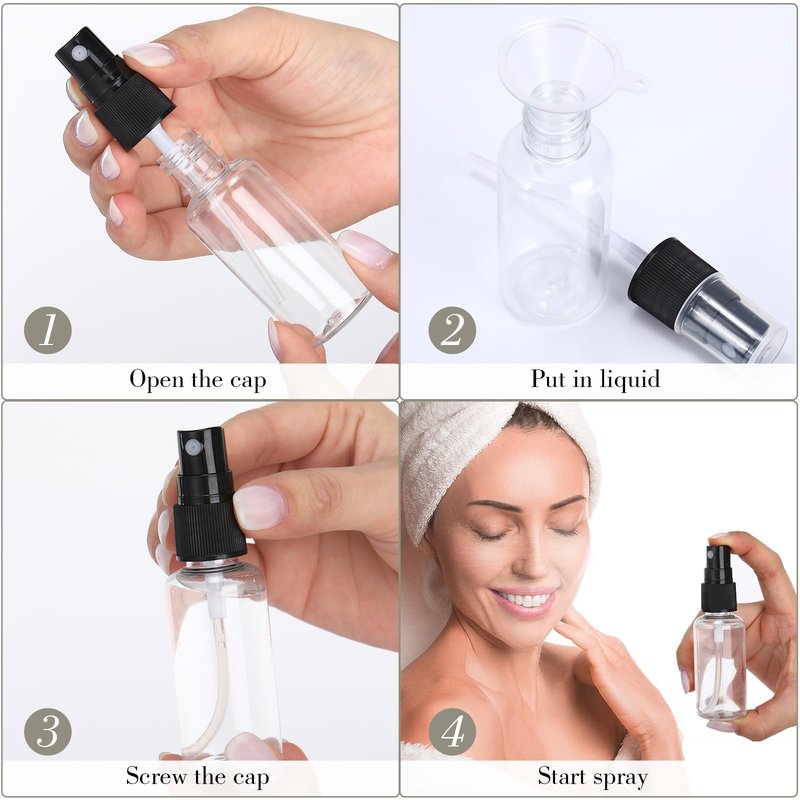 Maxcheck 100 Pcs Mini Clear Spray Bottles 1 oz Plastic Empty Travel Bottle Fine Mist Small Spray Containers with 5 Pcs Funnels Refillable Liquid Travel Container for Perfume Skin Toner (Black)