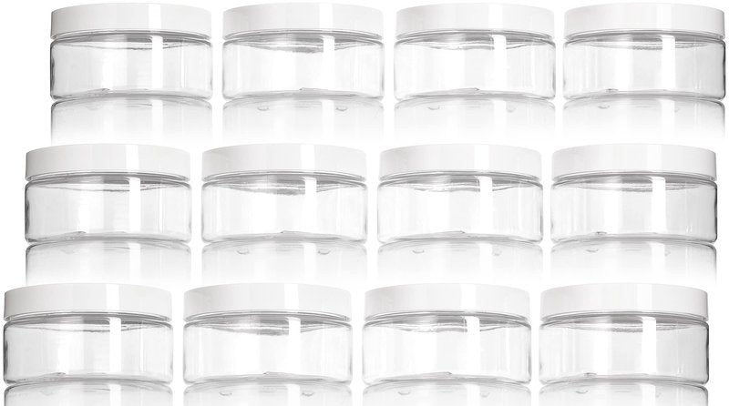 JUVITUS 8 oz Clear PET Plastic Low Profile Jar with White Smooth Lids (12 Pack) BPA Free Large Refillable Empty Storage Containers