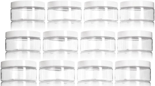 JUVITUS 8 oz Clear PET Plastic Low Profile Jar with White Smooth Lids (12 Pack) BPA Free Large Refillable Empty Storage Containers