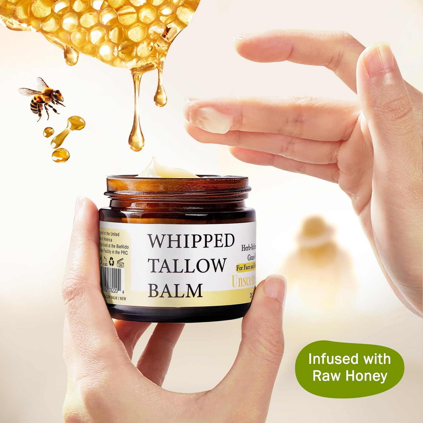 BieNido Organic Beef Tallow for Face, Grass Fed Tallow and Honey Balm with Raw Honey and Jojoba Oil for Sensitive and Dry Skin (2 Oz (Pack of 2), Unscented)
