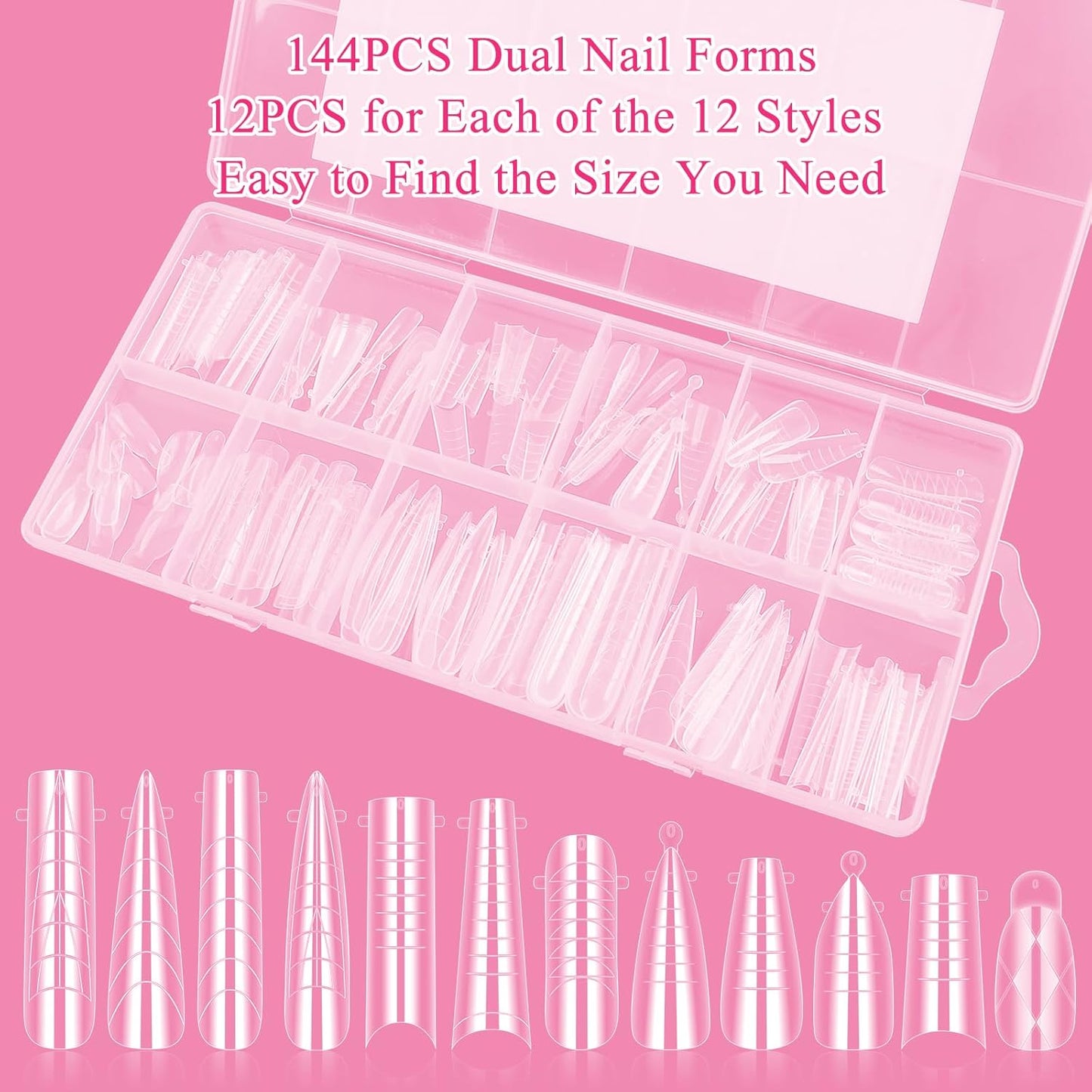 Nail Dual Forms for Poly Gel - 12 Styles & Sizes, 144Pcs Full Cover Nail Tips | Complete Extension Kit with Clips, Brush & Files