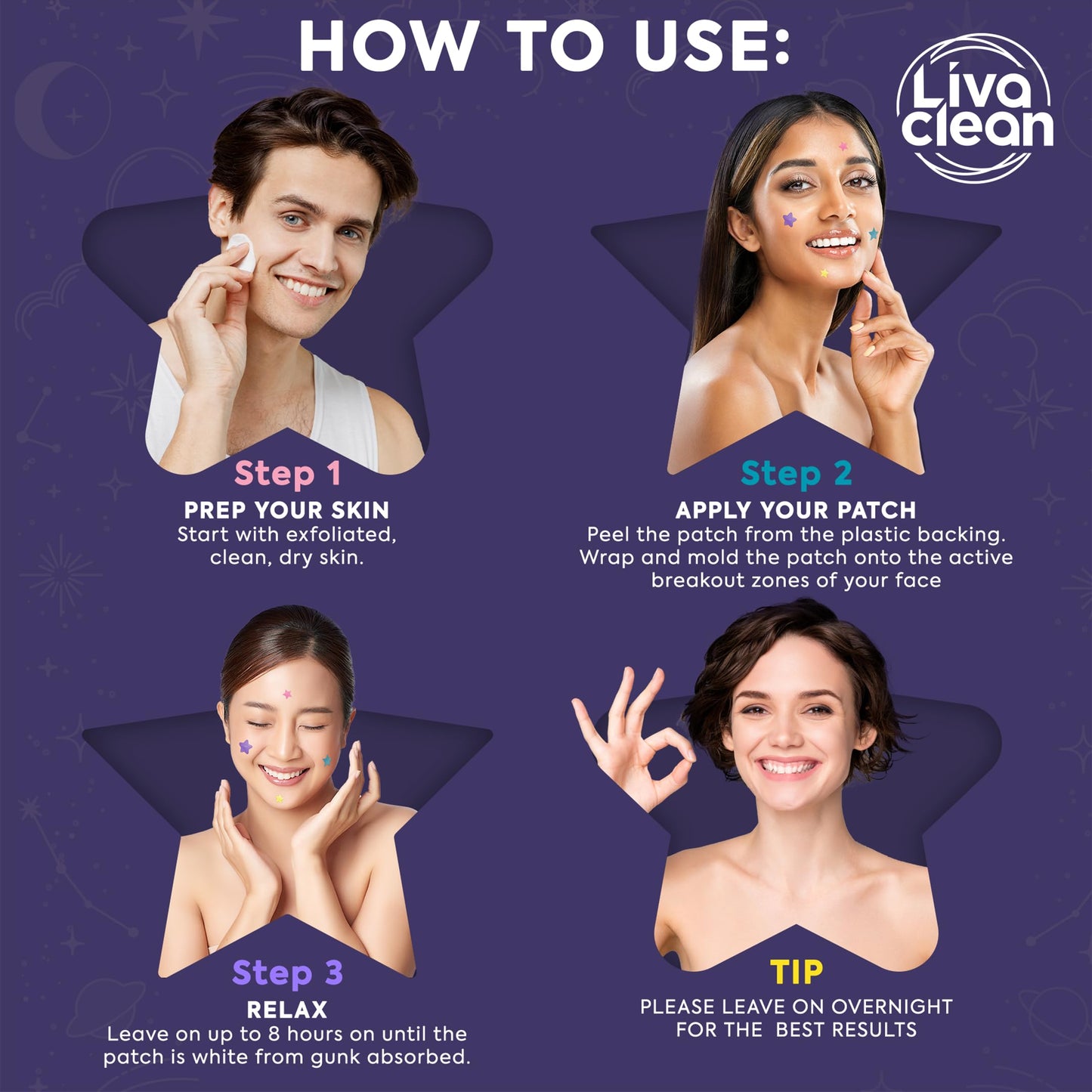 LivaClean 720 CT (3 Pack of 240) Superstar Pimple Patch for Face - Salicylic Acid & Tea Tree, Hydrocolloid Acne Patch, Pimple Patches Star Cute Zit Patches - 3 Sizes, 4 Colors