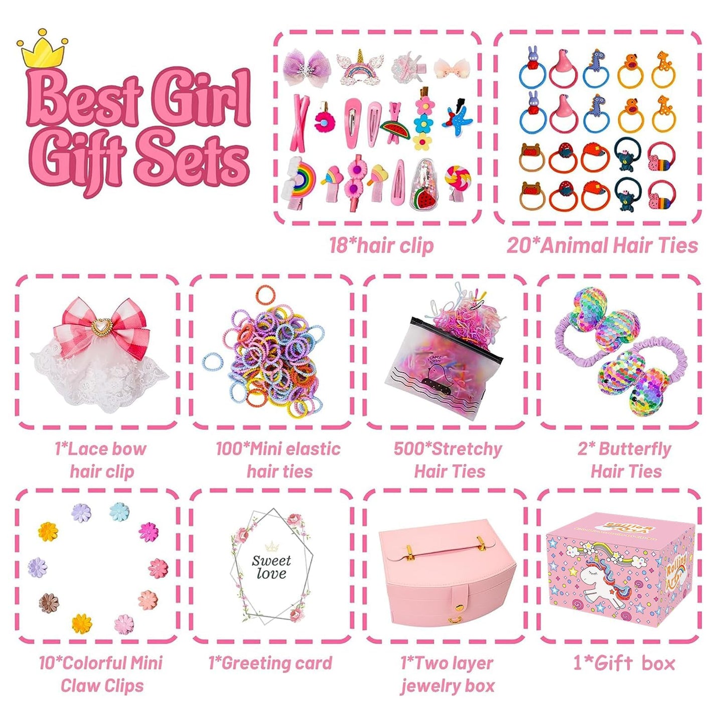 Hair Accessories for Girls Hair Clips Including Jewelry Box Hair Stuff Hair Barrettes Hair Ties Hair Bows Teen Girl Gift Toys for Girls Age 3-12