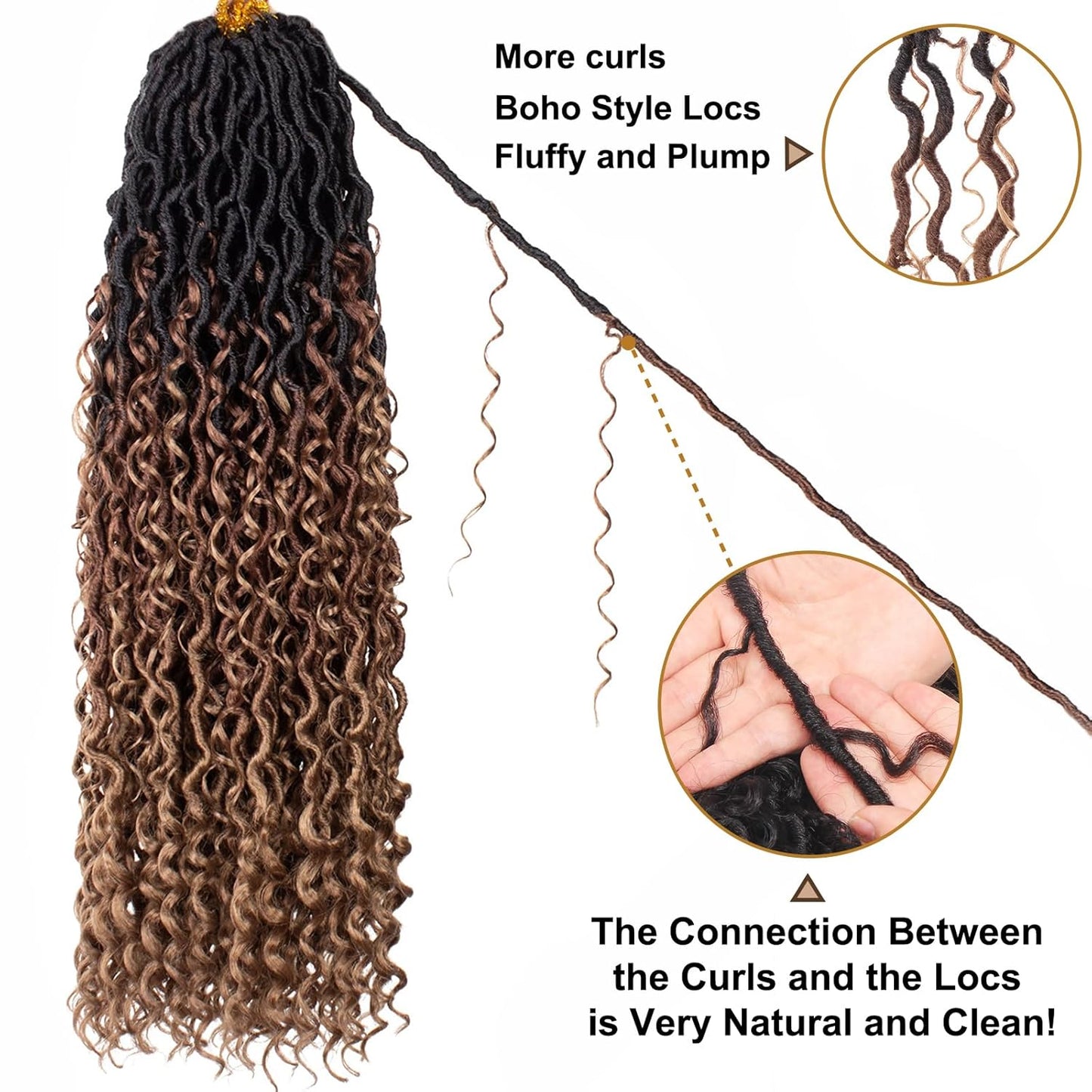 COOKOO 24 Inch Boho Crochet Hair Extensions - 8 PCS Goddess Locs with Curly Ends | Synthetic 1B/30/27