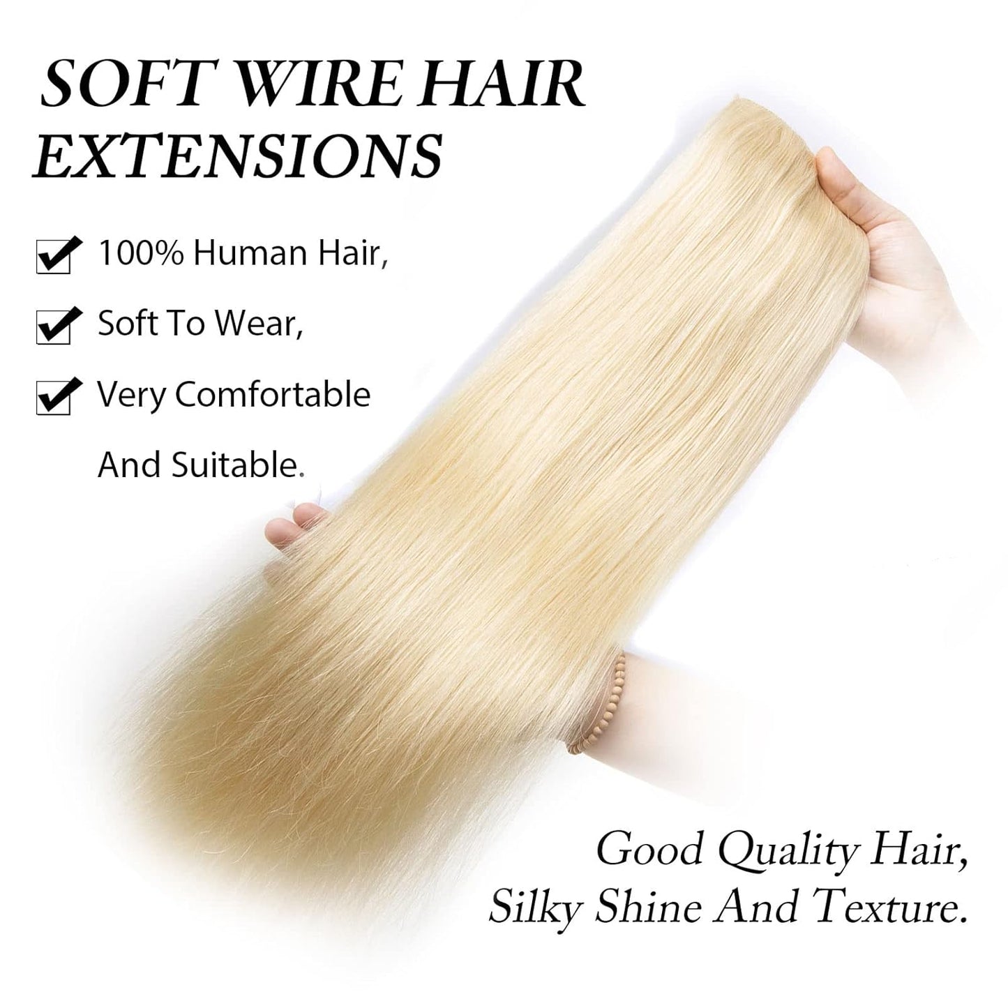 Real Human Hair Wire Extensions - 14 Inch Bleach Blonde Straight Hair | 80g Invisible Fish Line