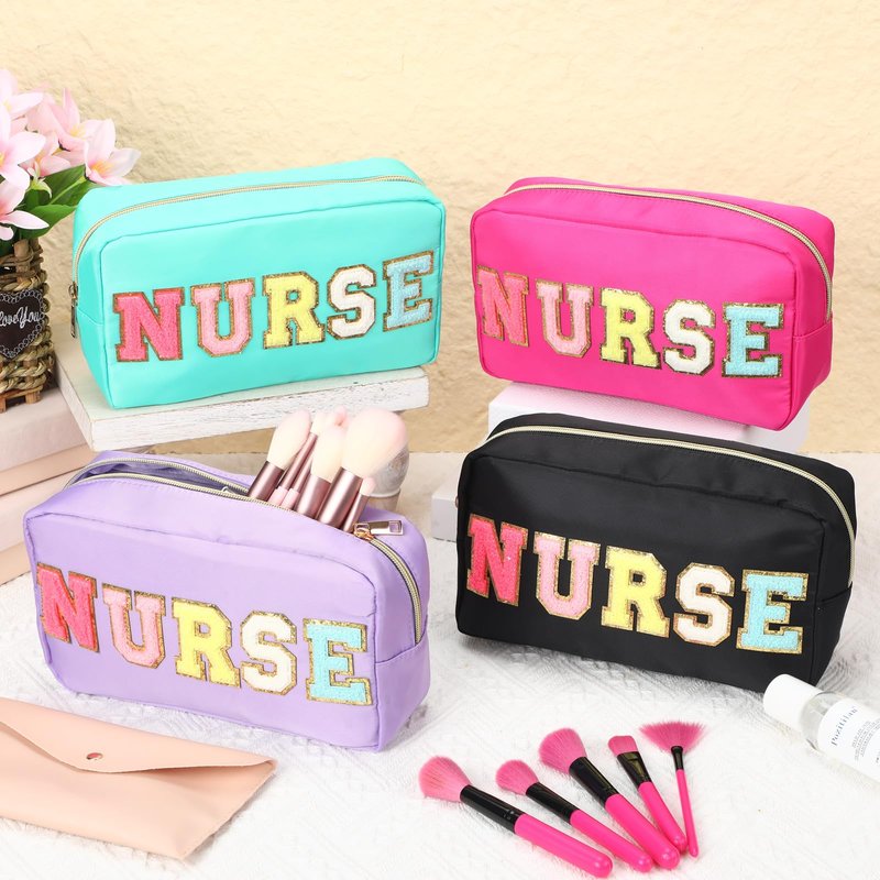4 Pcs Nurse Gifts Chenille Letter Nursing Makeup Bags Nursing Cosmetic Bags with Zipper for Graduation CNA RN Nurse Week Appreciation Party Favors