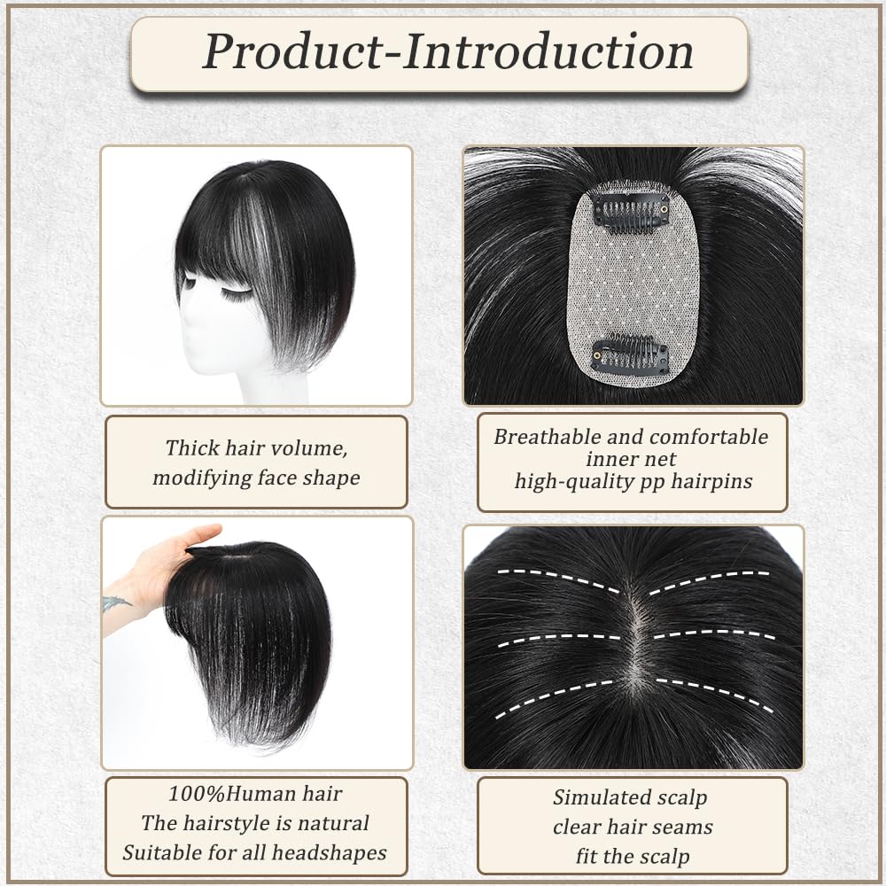 Real Human Hair Toppers for Women - 3D Clip-In Bangs with Natural Scalp Line | 1B Color, 5x9 Size