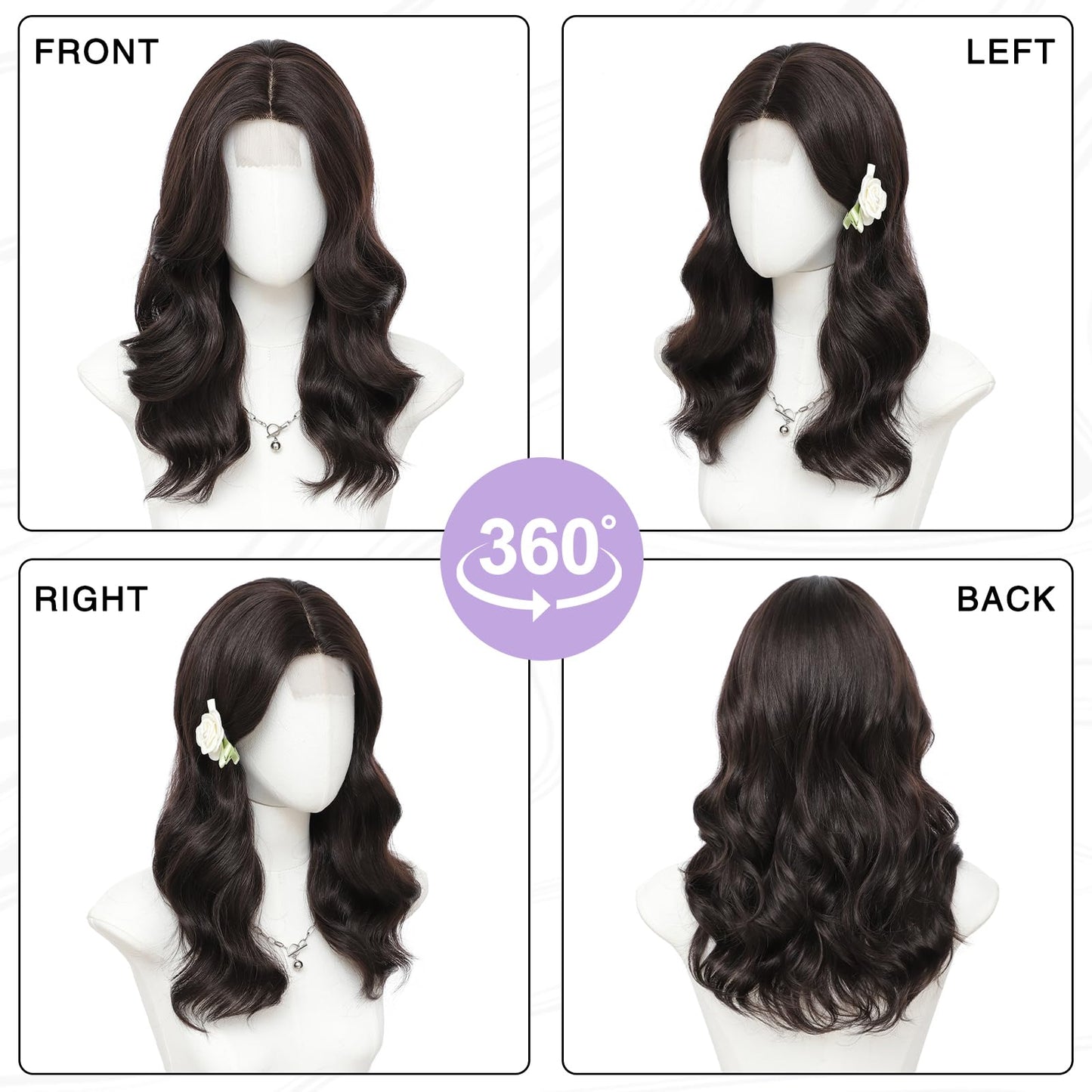 MORICA Dark Brown Wigs for Women 18 Inch Middle Part Medium Length Short Curly Wavy Wigs,Natural Synthetic Hair Womens Wigs for Daily Party/Halloween Use