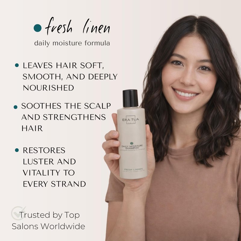 ERA TUA Fresh Linen Daily Moisture Shampoo| Dutch Made & Formulated Moisture Repairing Shampoo for Dry and Damaged Hair | Scent of Bergamot, Jasmine & Rose | 250 ml