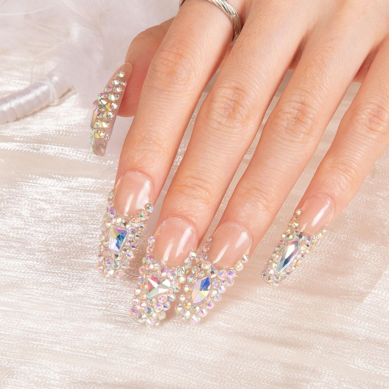 LOVFUL Press on Nails Angel's Tear Rhinestone | Handmade with Full Covered Crystals | Reusable Full Cover Nails | Coffin Classic Regular 1.3 in | H48-S