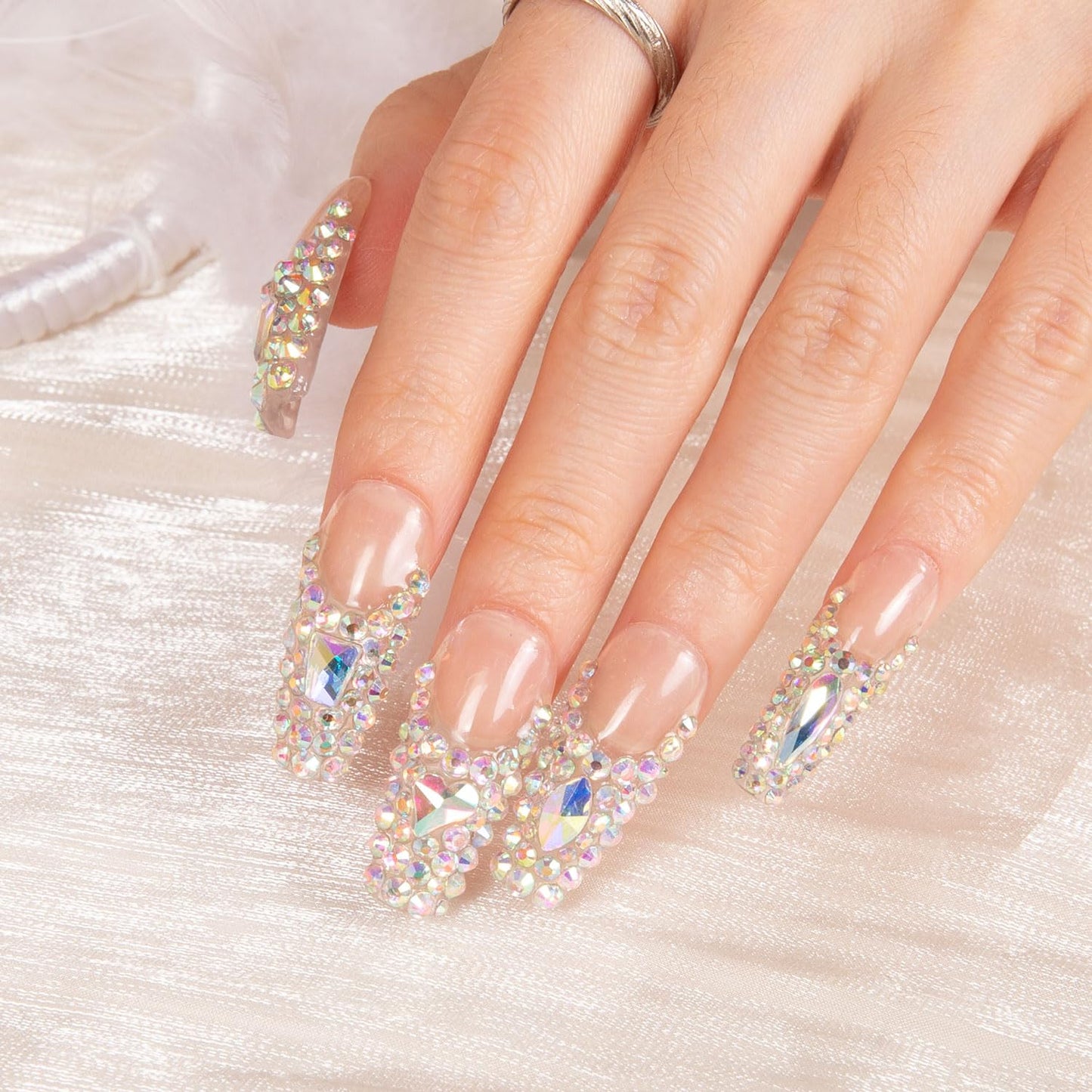 LOVFUL Press on Nails Angel's Tear Rhinestone | Handmade with Full Covered Crystals | Reusable Full Cover Nails | Coffin Classic Regular 1.3 in | H48-S