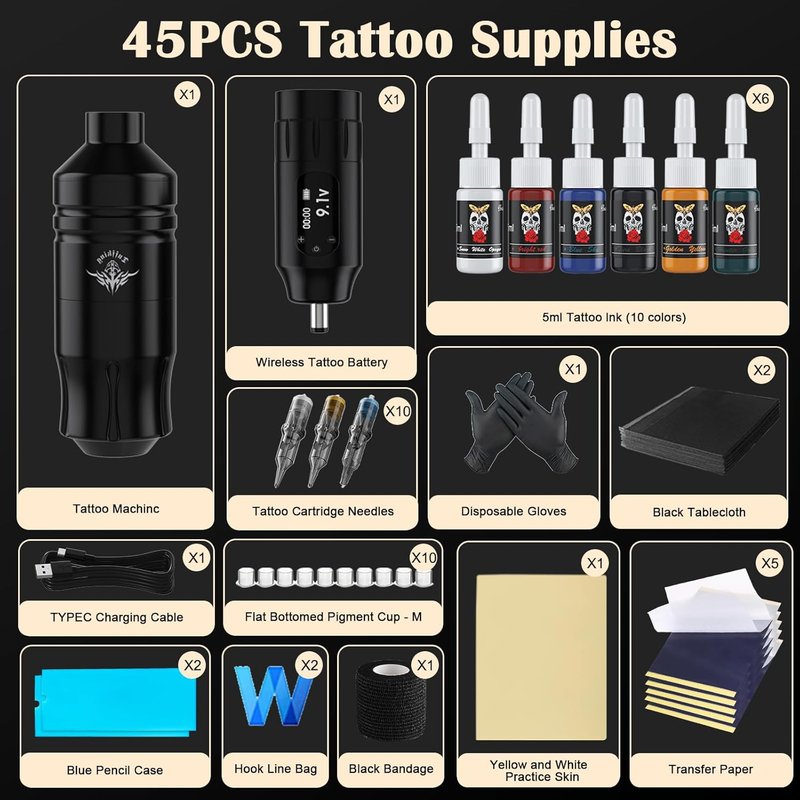 Wireless Tattoo Gun Kit for Beginners - Rotary Tattoo Machine with 1300mAh Battery & 10 Cartridge Needles | 45-Piece Set