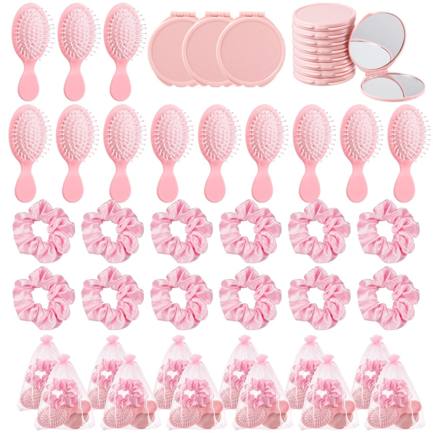 Tideme 48 Pcs Pink Party Favors, Pink Makeup Party Supplies, Including Hair Brushes, Elastic Scrunchies, Pocket Cosmetic Mirrors, and Organza Bags, Makeup Brush Accessories (48PCS)