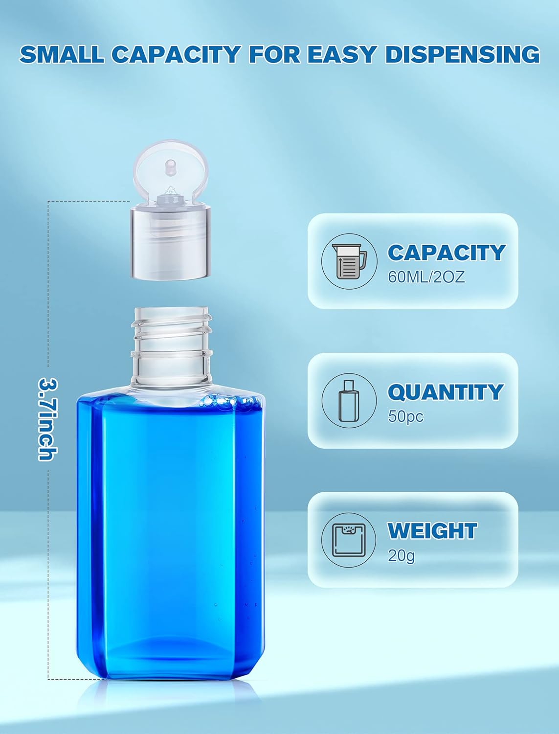 Travel Size Hand Sanitizer Bottles - 2oz Clear Refillable Flip-Top Containers | 50 Pack for Shampoo & More
