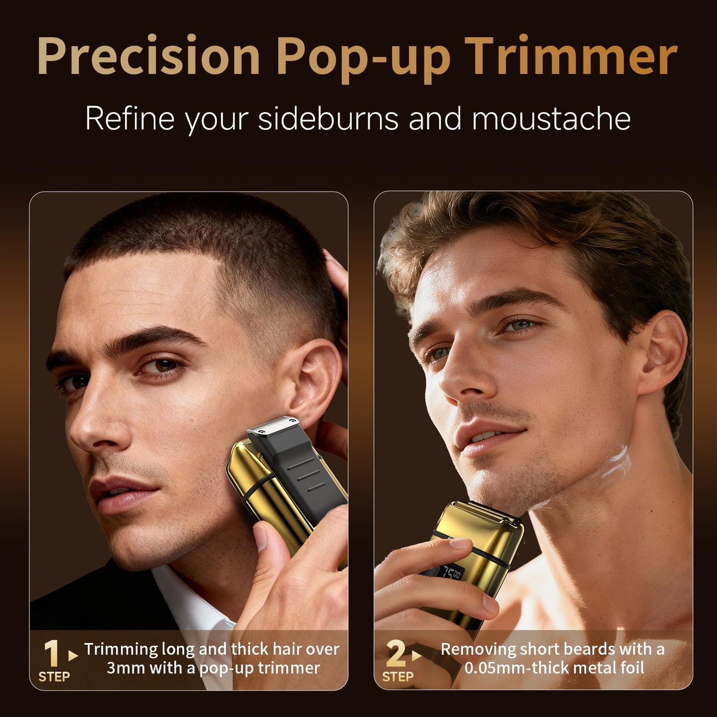 KOMINGDON Electric Foil Shaver for Men,Electric Razor with Pop-up Trimmer,Cordless Beard Trimmer,Waterproof,Wet & Dry Shaving,LED Display,2-Speed Mode (Gold)