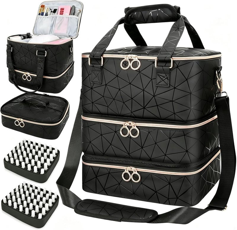 Nail Polish Organizer Bag - 84 Bottle Capacity | 3-Layer PU Leather Storage Case with Shoulder Strap for Nail Techs