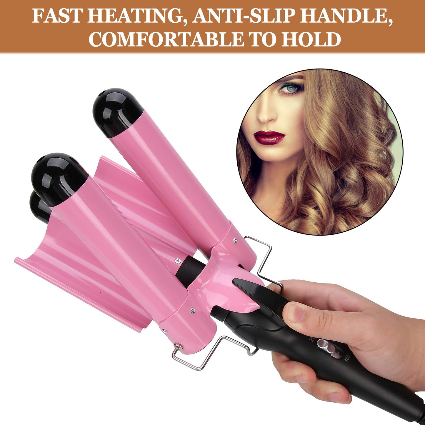 3 Curling Iron Wand, 1 Inch Ceramic Tourmaline Triple Barrels, Hair Crimper Beach Waving Styling Tools with Temperature Adjustment and Dual Voltage for All Hair