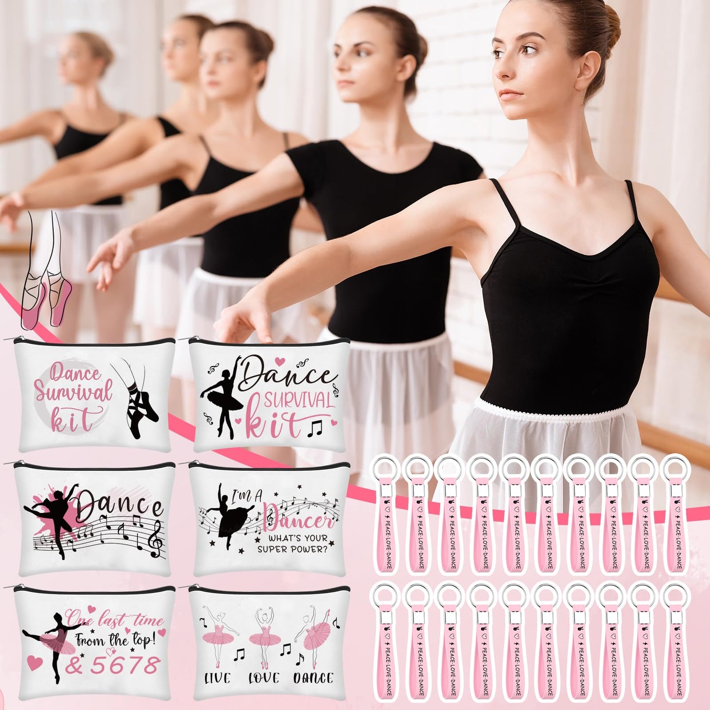 XEQWZVFR 40 Pcs Ballet Dancer Makeup Bag&Keychain Ballerina Makeup Bags Elegant Ballet Cosmetic Travel Organizer Toiletry Bags Inspirational Gift for Dancers Learner lover Thank You Gift for Teacher