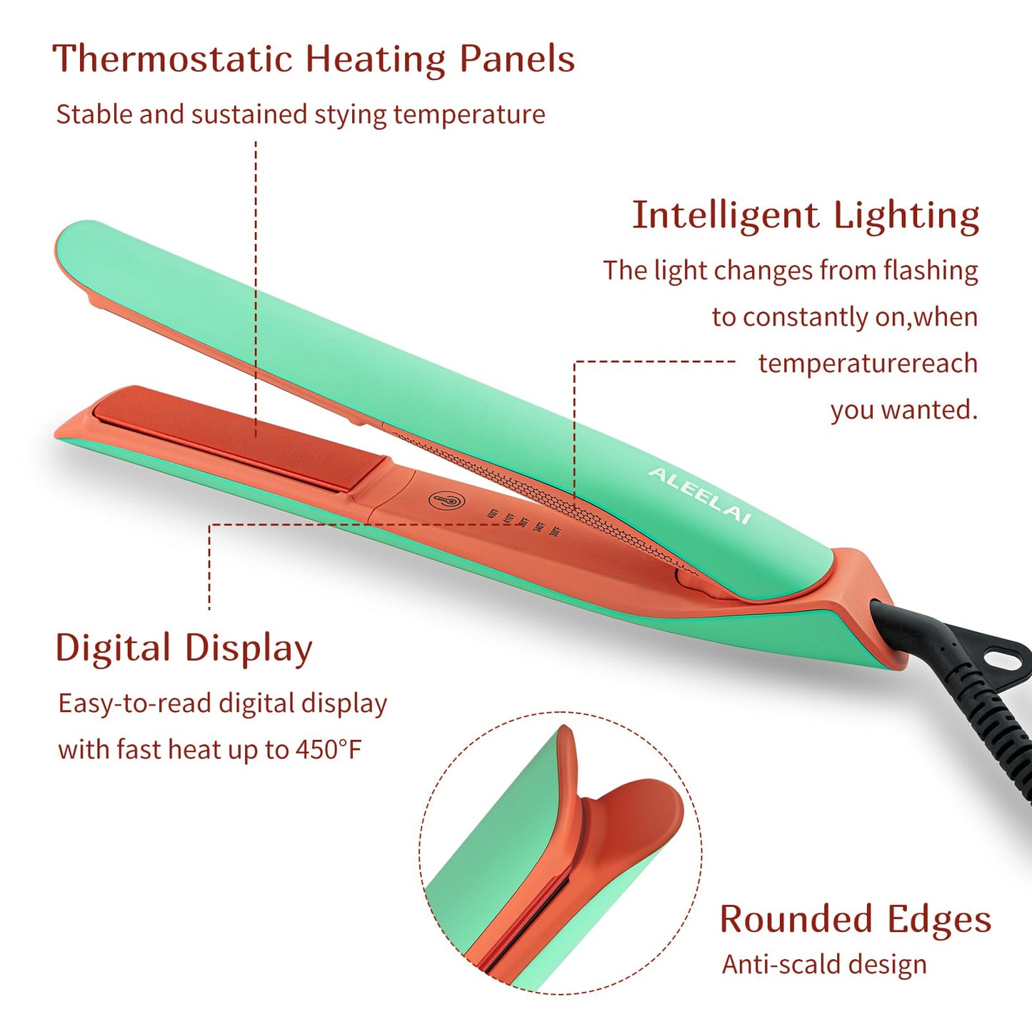 ALEELAI Flat Iron Hair Straightener and Curler, 2-in-1 Ceramic Styling Tool with Floating Plates, Fast Heat-Up, Adjustable Temperature, Dual Voltage for Travel & Home Use