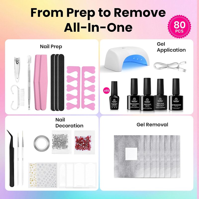 Beetles Gel Nail Polish Kit - 55 Vibrant Colors with UV Light | Complete DIY Manicure Set for Home Use