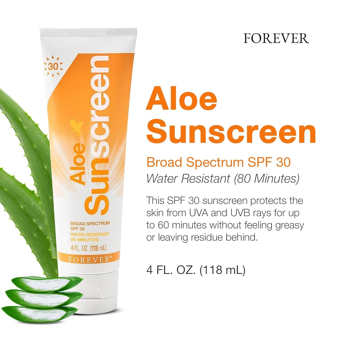 Aloe Sunscreen SPF 30 - Water-Resistant Broad Spectrum UVA/UVB Protection with Aloe Vera | 4 fl oz