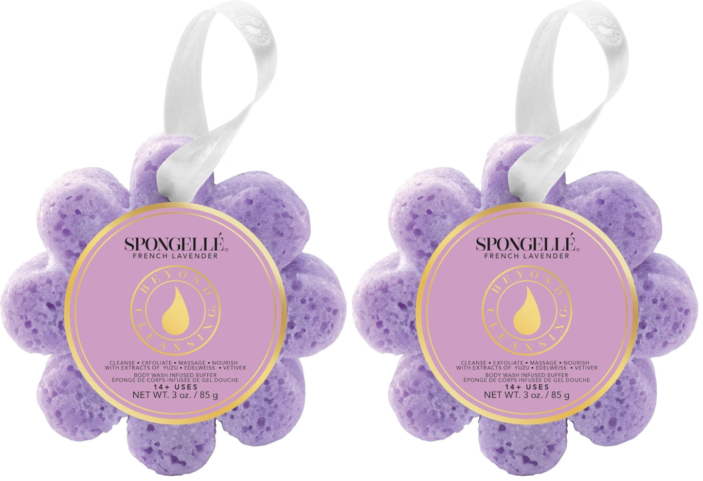 Spongellé French Lavender Wild Flower Bath Sponge | Built-in Body Wash & Body Scrubber, Shower Loofah Sponge for Women | 14+ uses (Pack of 2)