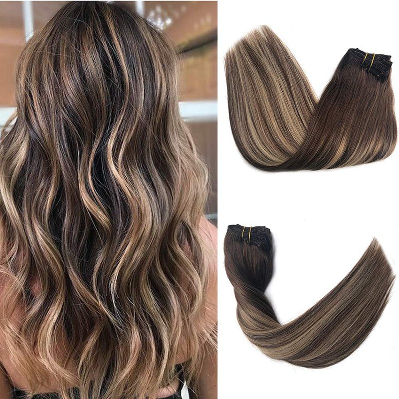 Clip In Human Hair Extensions - 18" Double Weft Brazilian Hair, 8Pcs 140g Set | Highlighted #4 Medium Brown & #24 Auburn