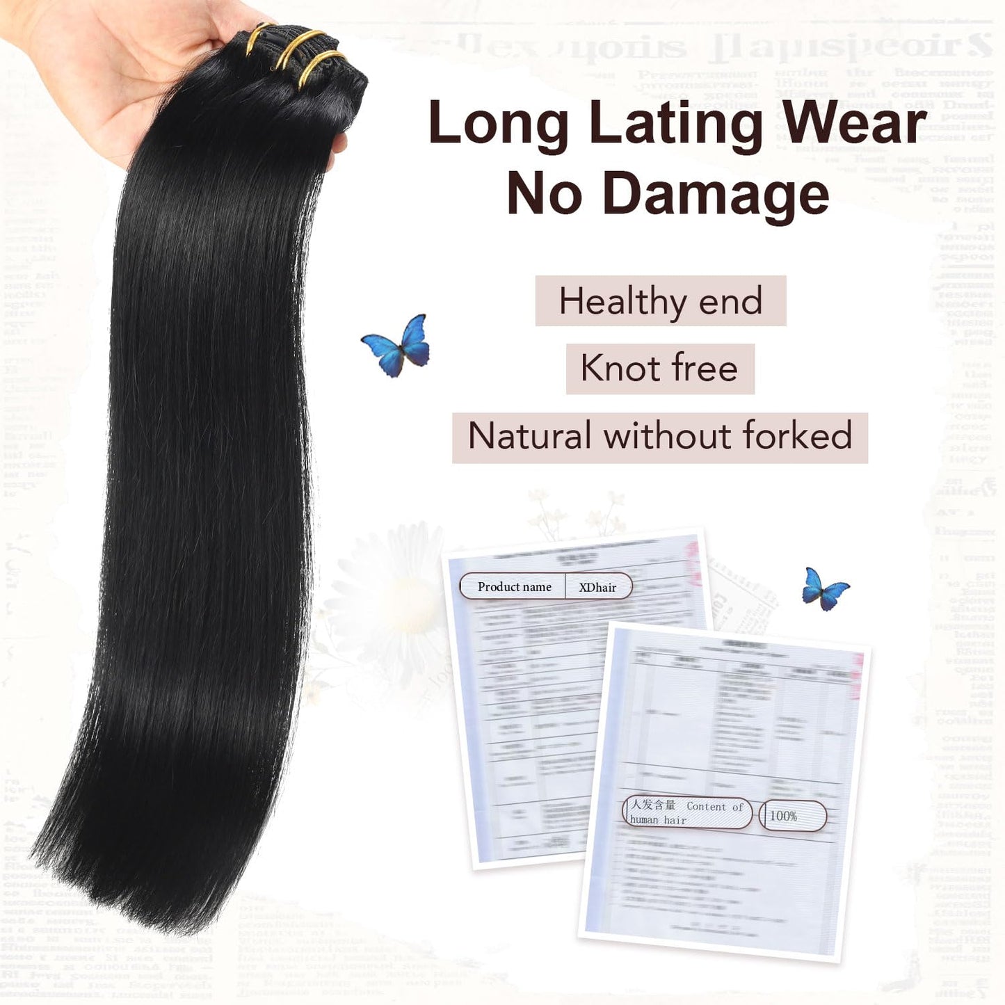 XDhair Black Clip in Hair Extensions Human Hair 100g 14Inch Black Clip in Hair Extensions 6Pcs Straight Real Hair for Women (#1,14Inch)