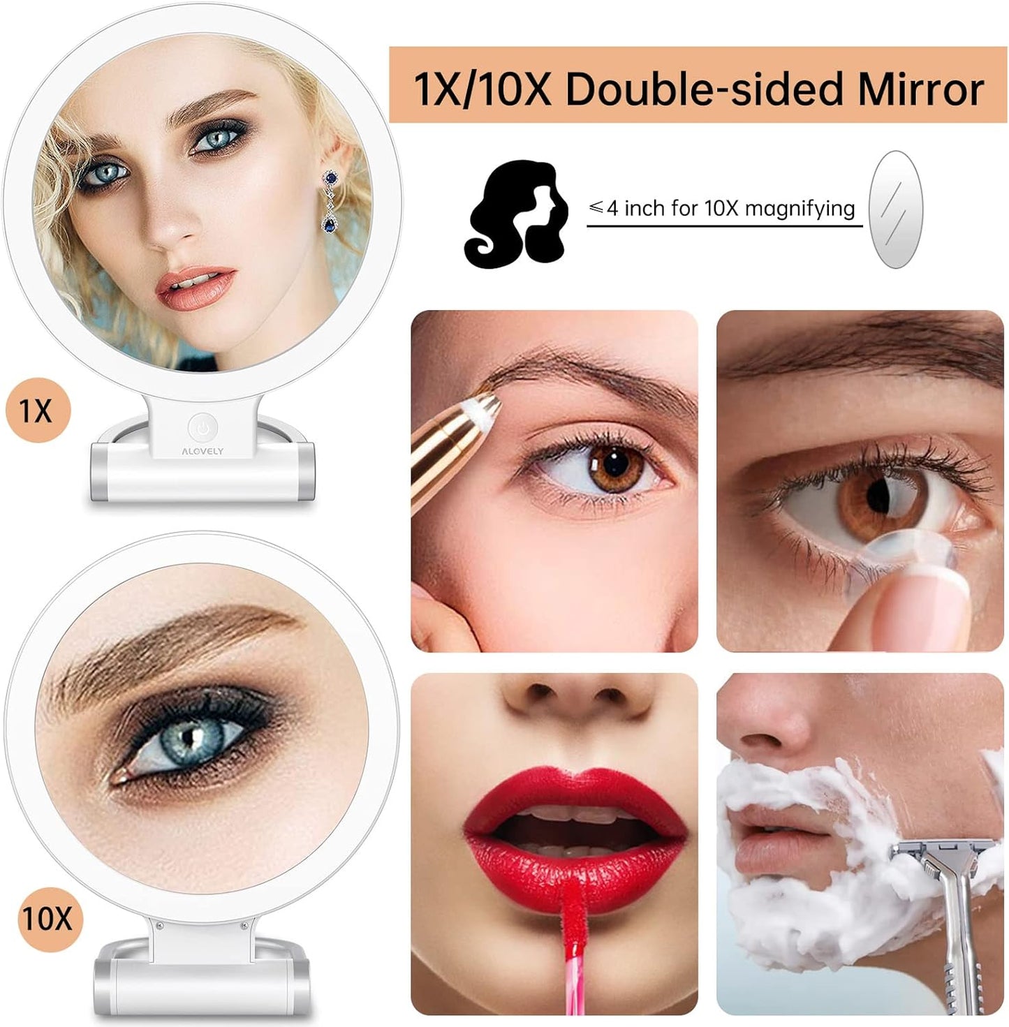 Travel Magnifying Mirror with Light - 1X/10X Magnification, Dimmable LED Vanity Mirror | Portable Round Design for Home Use