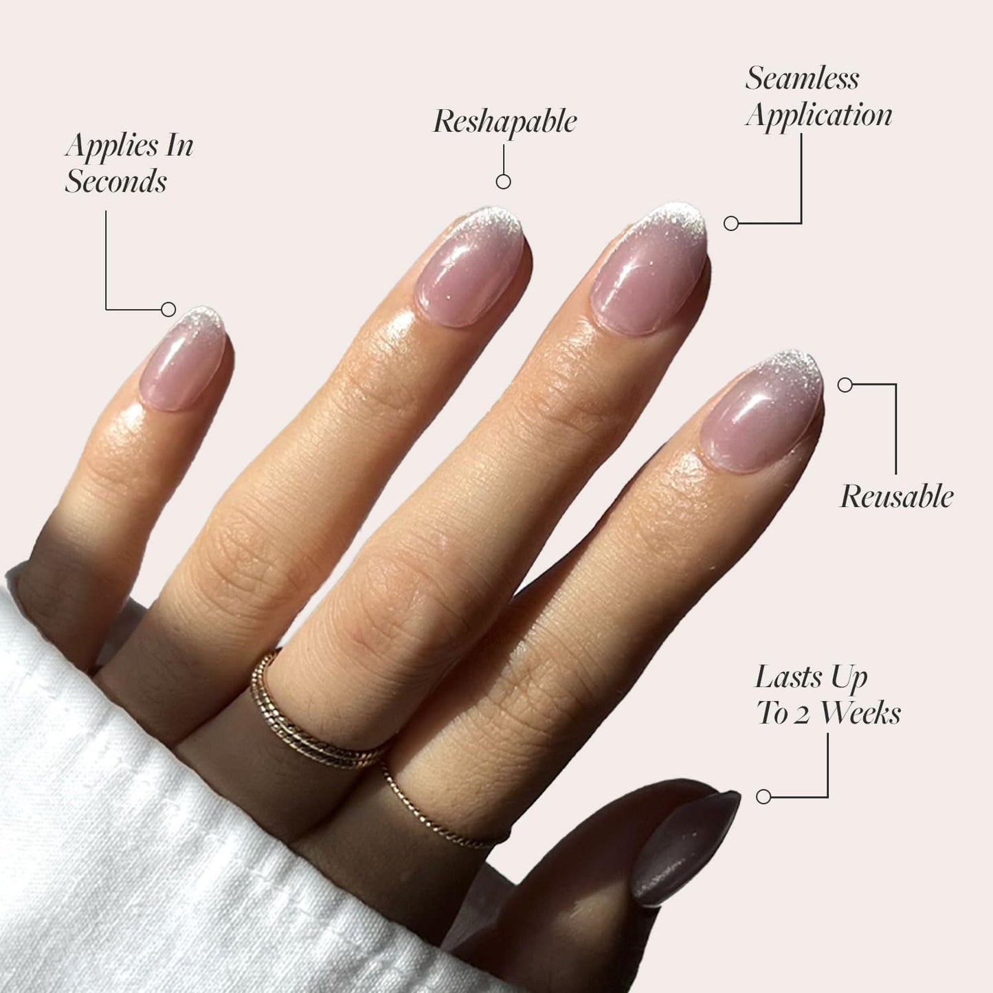 Glamnetic Press On Nails & Brush On Nail Glue Bundle - Fairy Dust | Short Oval Beige-Pink Nails with a Velvet Metallic Finish | 15 Sizes - 30 Nail Kit with Glue