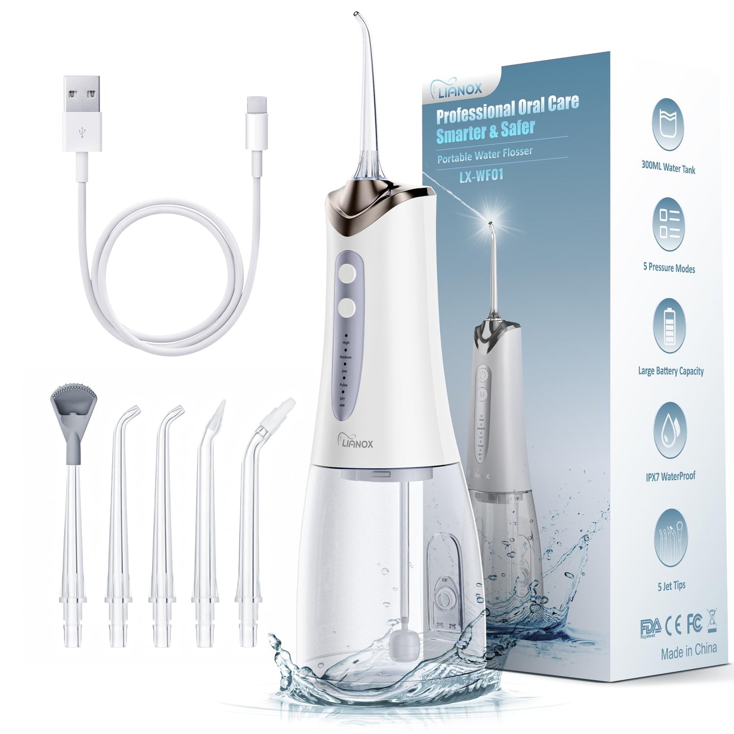 Water Flosser Cordless Portable, 300ML Detachable Oral Irrigator for Teeth Cleaning, 5 Modes Dental Water Flosser for Braces & Gum Care, USB Rechargeable Waterproof