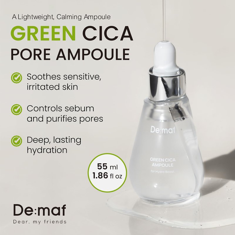 Green Cica Ampoule with 72% Green Tea, Cica & 8-Layer Hyaluronic Acid | Soothing & Sebum Control Pore Serum for Blackheads and Enlarged Pores | For Oily & Combination Skin (1.69 fl oz)