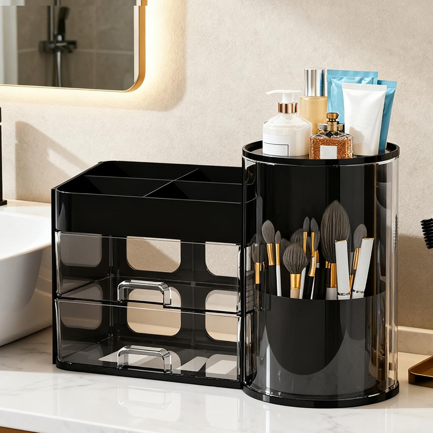 Makeup Storage Box Mesh, Makeup Organizer For Vanity, Cosmetic Display Cases With Transparent Cover, Drawers, Dustproof, Portable Handle, For Vanity, Dresser, Countertop (Blak)