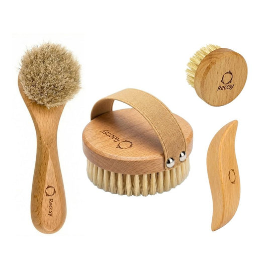 4pcs Dry Brushing Body Brush Set for Lymphatic Drainage-Natural Bristle Dry Skin Brush +Facial Dry Brush for Face+Dry Skin Exfoliating Scrubber+Wood Therapy Massage Tool. Gua Sha, Anti-Cellulite.