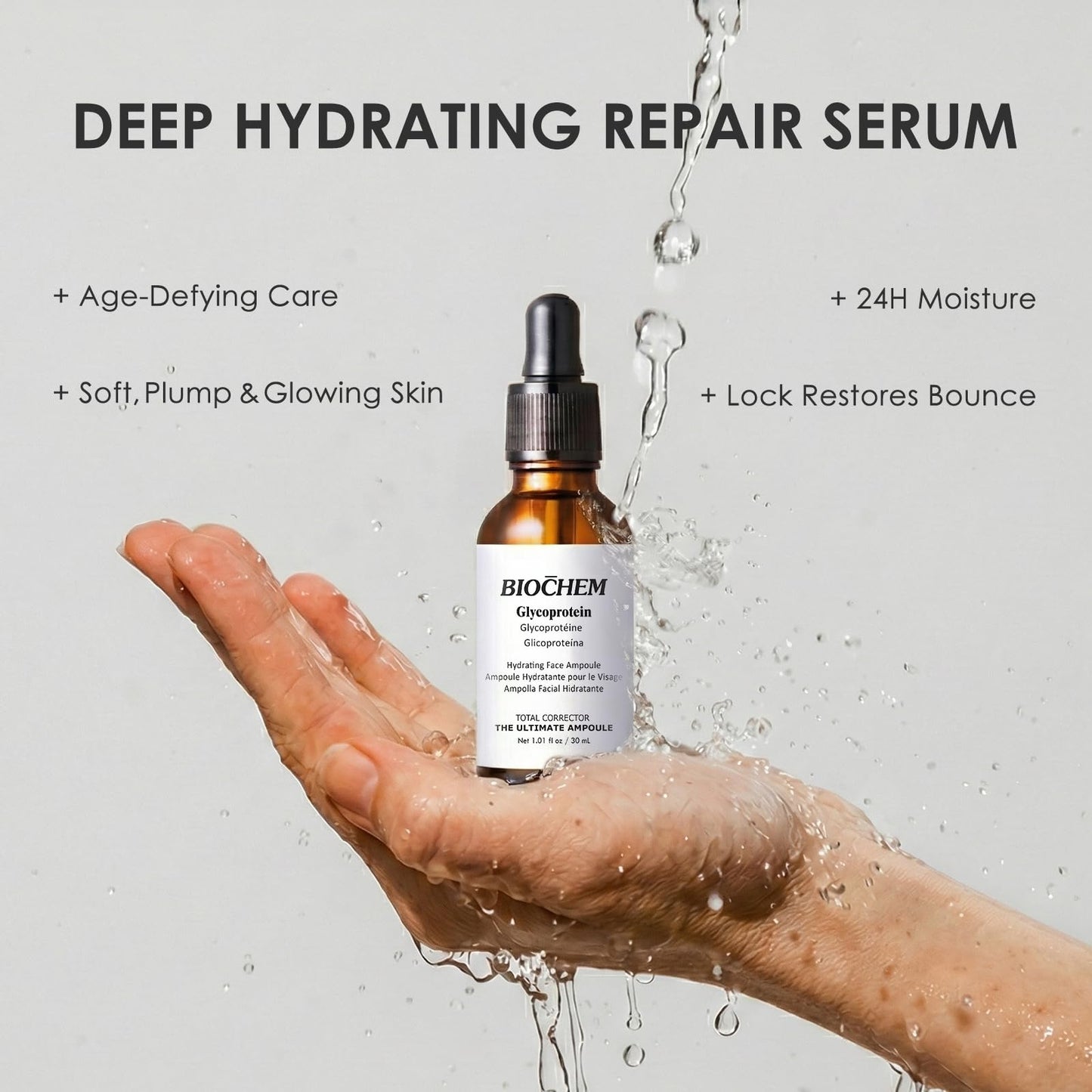 BIOCHEM Glycoprotein Hydrating Serum Ampoule – Deep Moisture + Skin Repair with Marine Glycoproteins & Hyaluronic Acid – Anti‑Aging Plumping Facial Serum, Sensitive Skin Safe, 1.01 fl oz / 30 mL