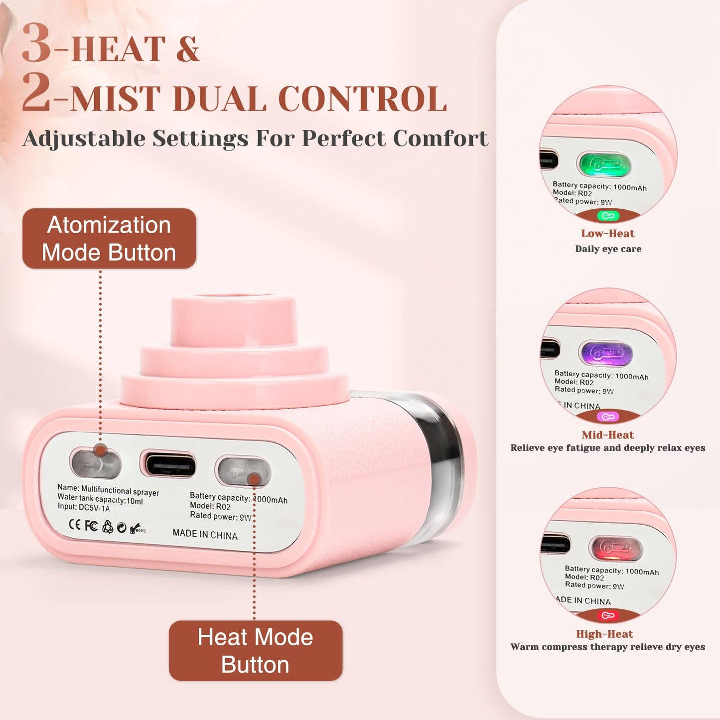 JEPIU Portable Heated Eye Steamer for Dry Eyes - 3 Heat Settings, Warm Moist Heat Therapy to Restore Natural Tears, Dry Eye Relief Sprayer (Pink)