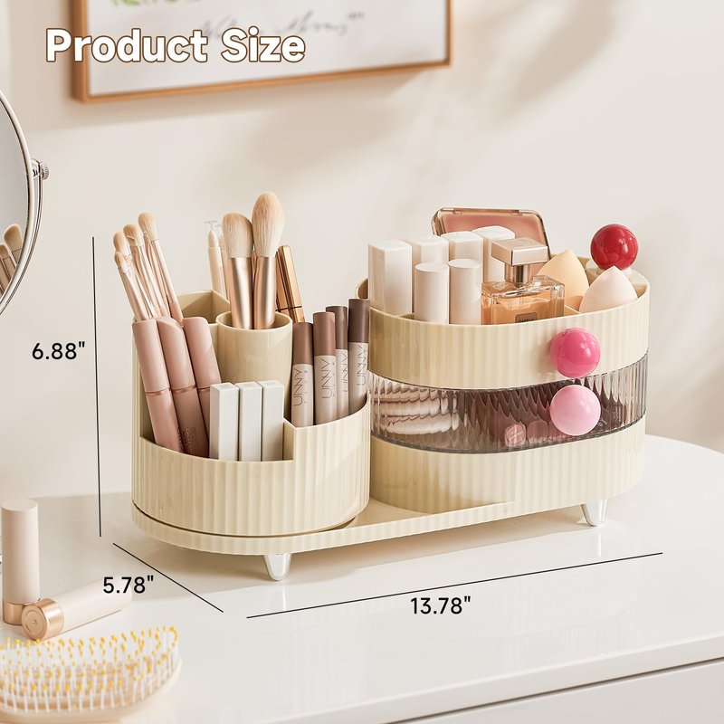 UFORU Makeup Organizer Countertop for Vanity with 360° Rotating Brush Holder, 3 Layer Cosmetic and Jewelry Storage, Makeup Display Case for Skincare&Perfume (Cream White)