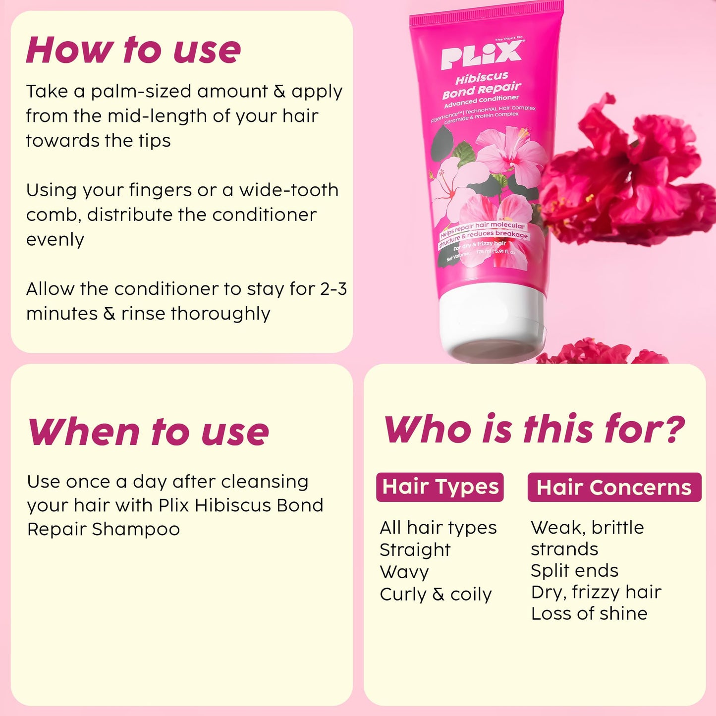 PLIX - THE PLANT FIX Hibiscus Bond Repair Advanced Conditioner | Repairs Hair Molecular Structure & Reduces Breakage with FiberHance™ & TechnoHYAL Hair Complex | 175ml