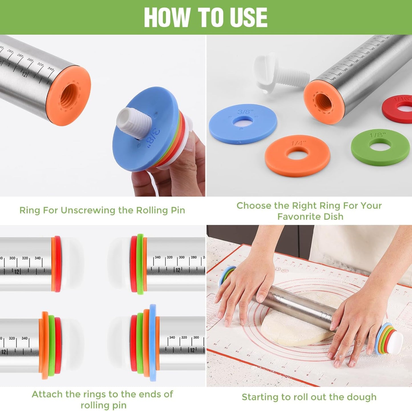 liboyixi Rolling Pin and Pastry Baking Mat Set, 17-inch Rolling Pins with Adjustable Thickness Rings, Stainless Steel Dough Roller for Baking Fondant, Pizza, Pie, Pastry, Pasta, Cookies (Red)