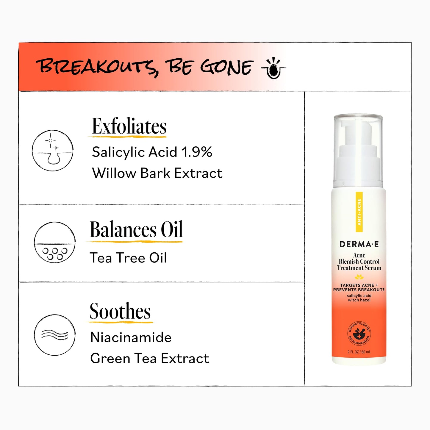 DERMA E Acne Spot Treatment, Acne Blemish Control Treatment Serum, 2 Fl Oz, Clinically Studied to Help Fight Blackheads, Breakouts and Cystic Acne for Clearer Looking Skin