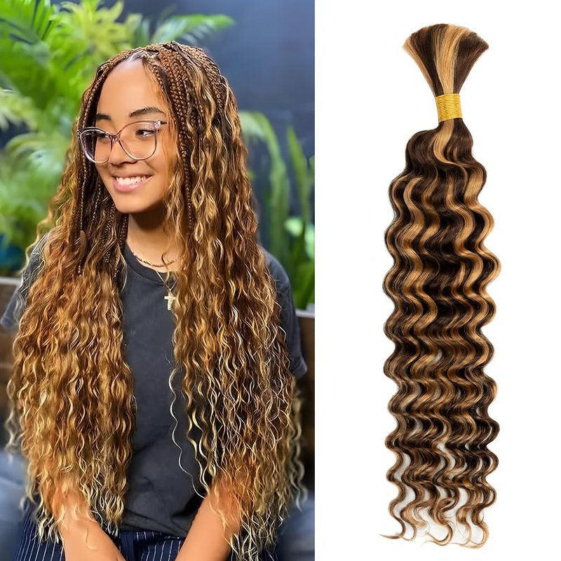 Human Braiding Hair - 22 Inch 60G Deep Wave Bulk for Boho Knotless Braids | Wet & Wavy Curly Hair